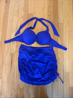 Blue Halter Bikini Top and Ruched Swim Skirt Set